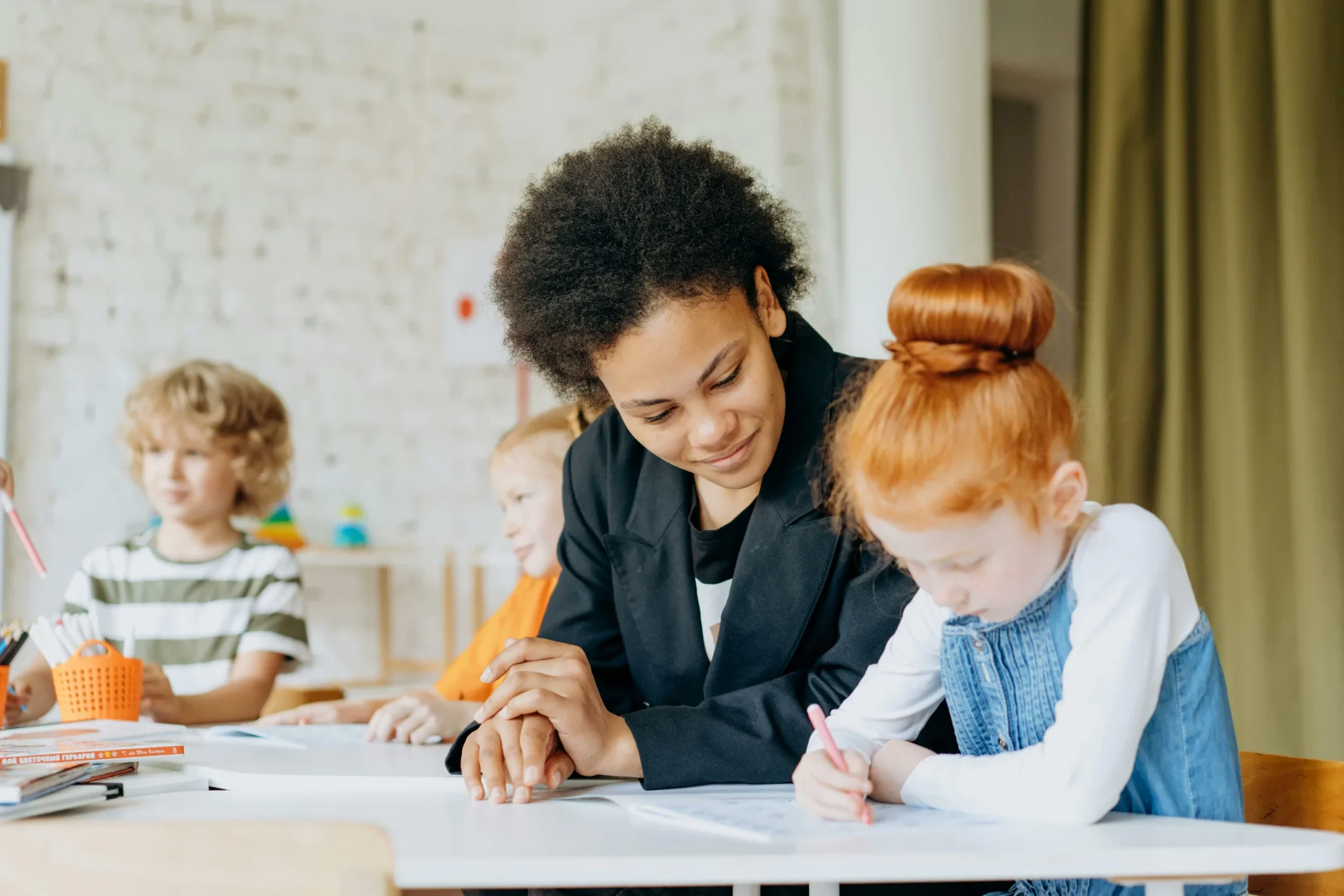 A mother and a child writing