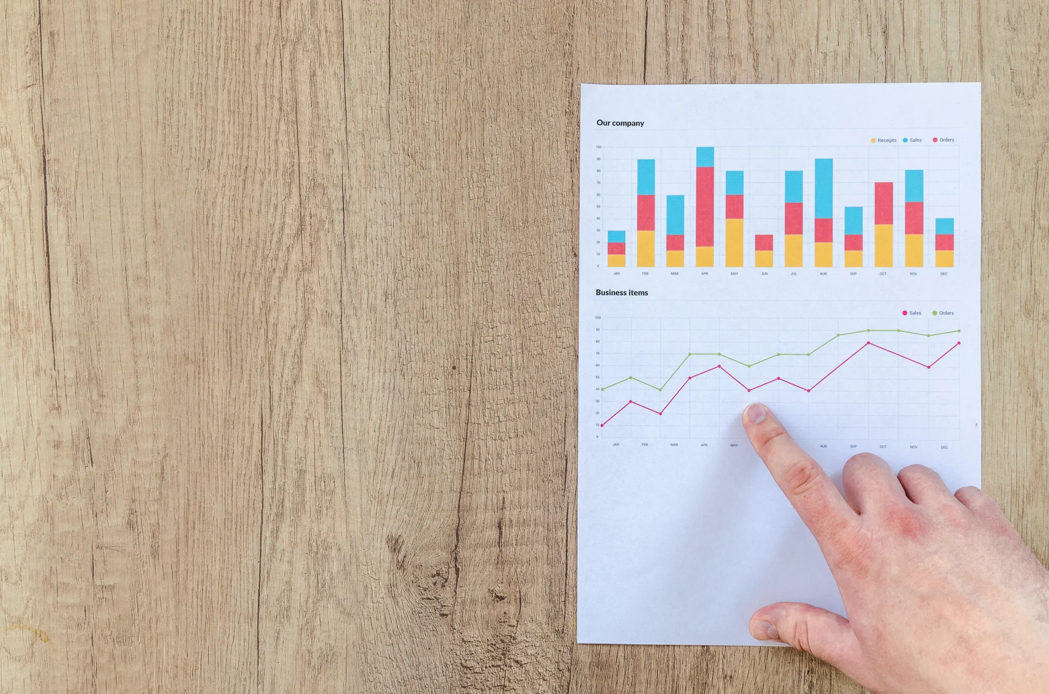 A person pointing a graph