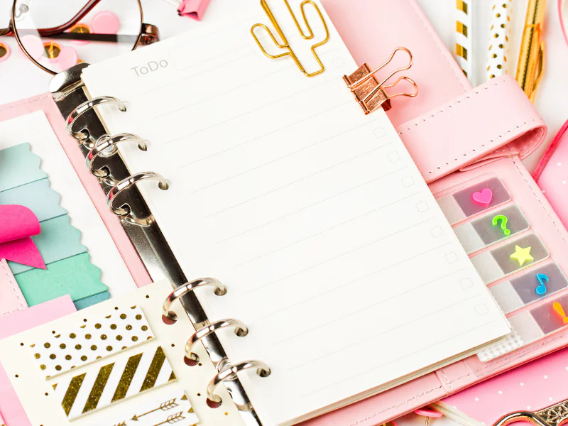 notebook in pink binder with many clips and tabs