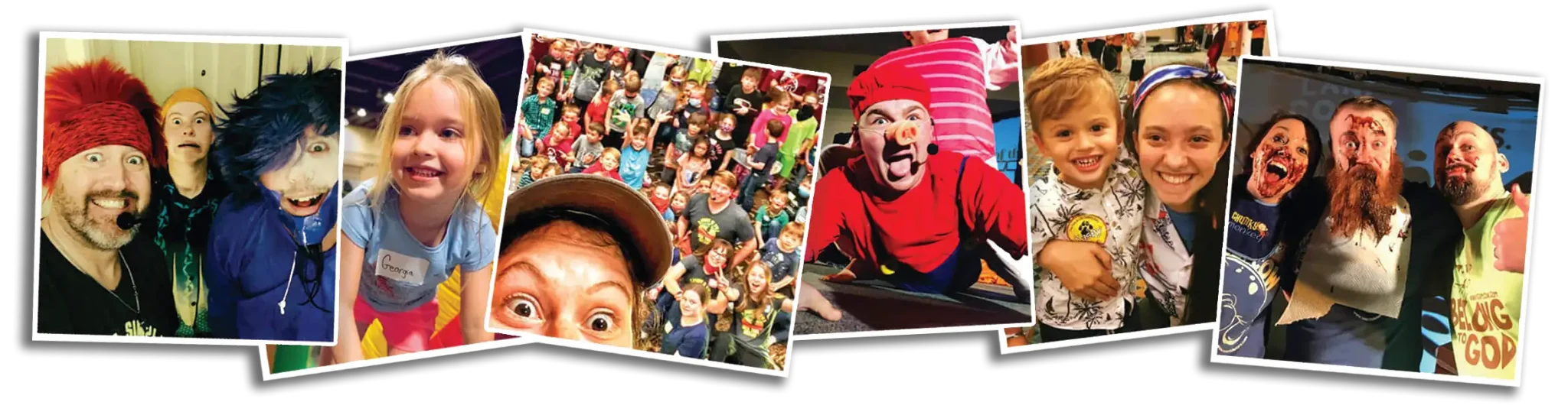 photo strip of giant cow participants including performers and children